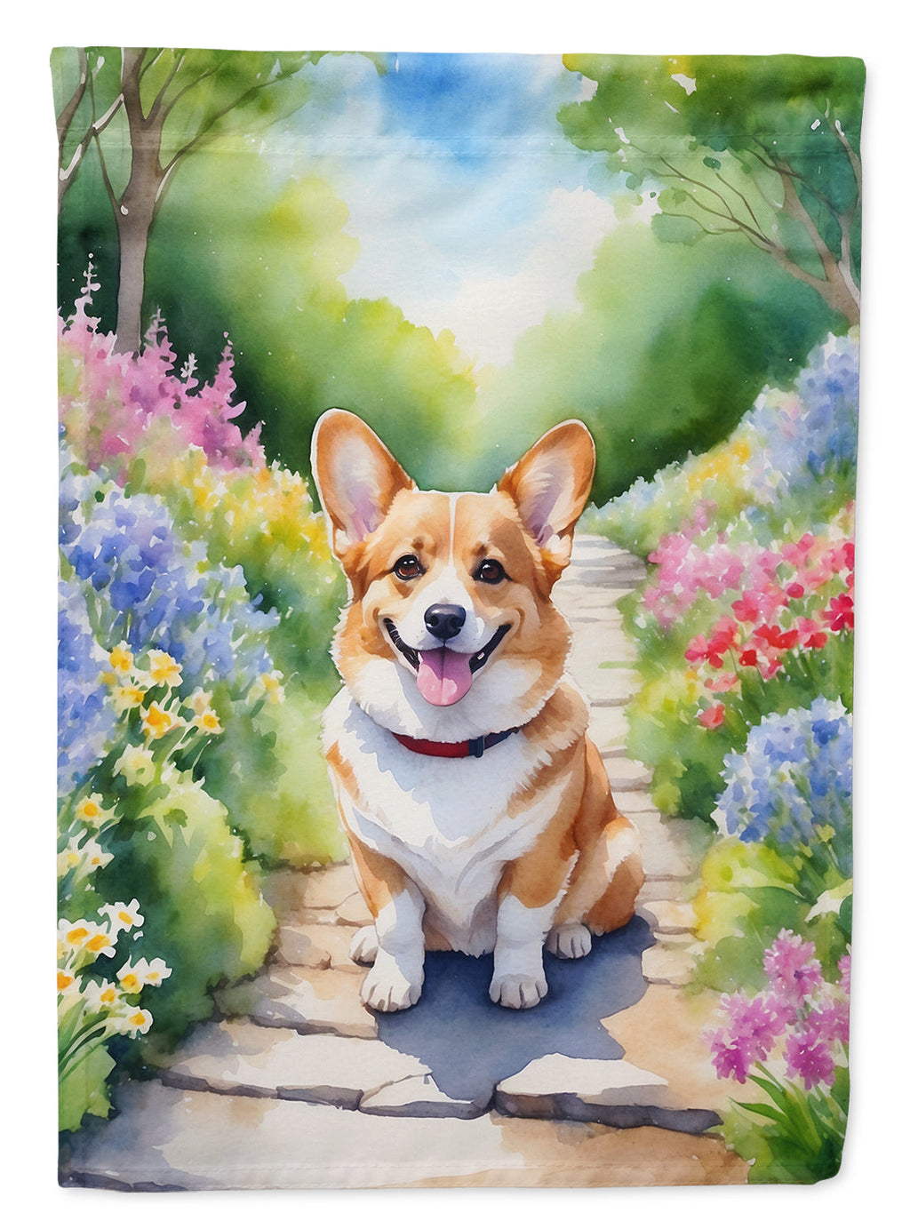 Corgi Spring Path House Flag 28x40 Porch Sleeve Pole Decorative Outside Yard Banner Artwork Wall Hanging, Polyester