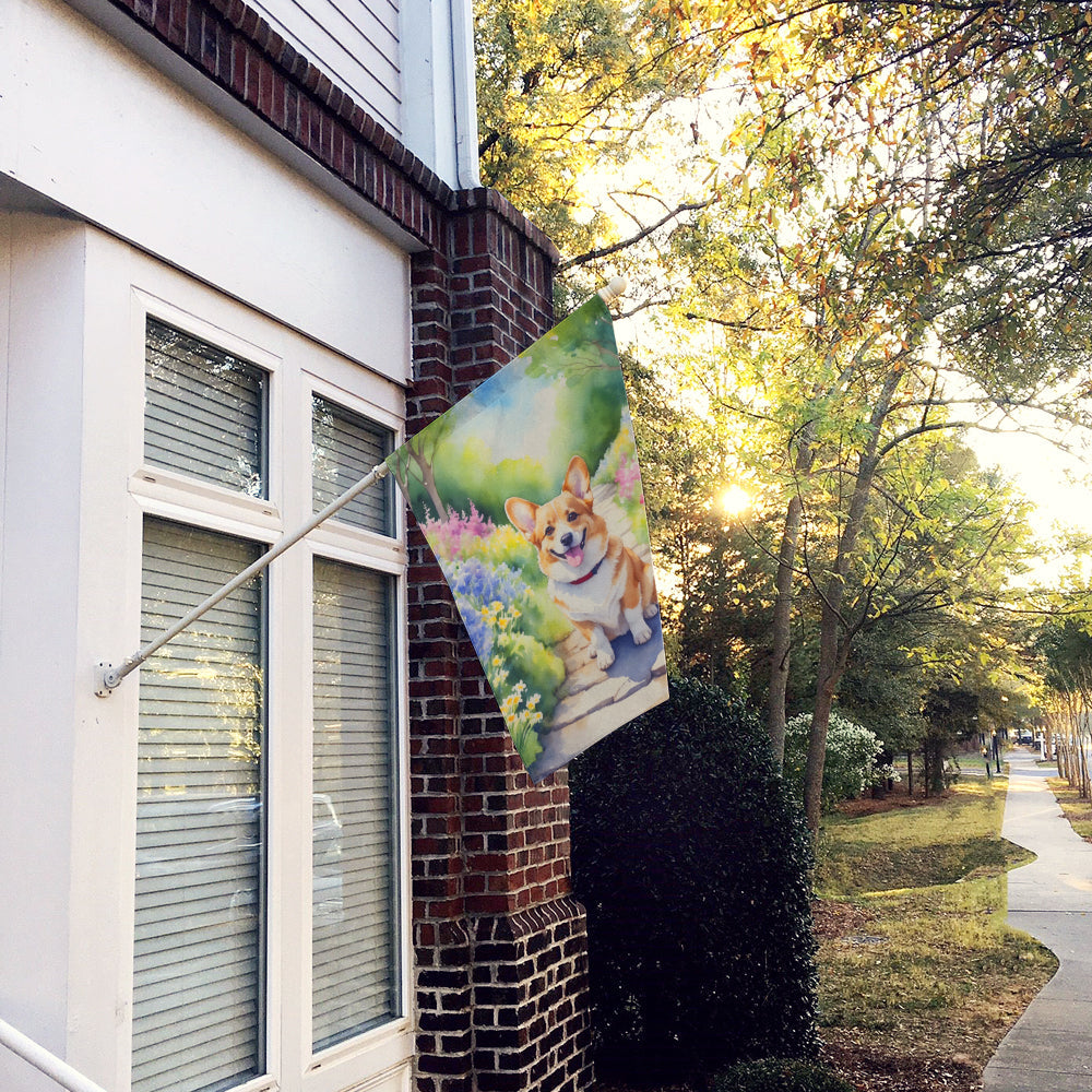 Corgi Spring Path House Flag 28x40 Porch Sleeve Pole Decorative Outside Yard Banner Artwork Wall Hanging, Polyester