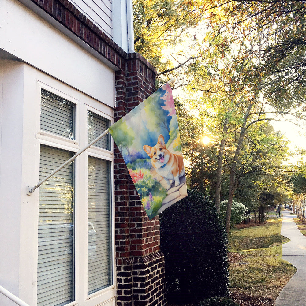 Corgi Spring Path House Flag 28x40 Porch Sleeve Pole Decorative Outside Yard Banner Artwork Wall Hanging, Polyester