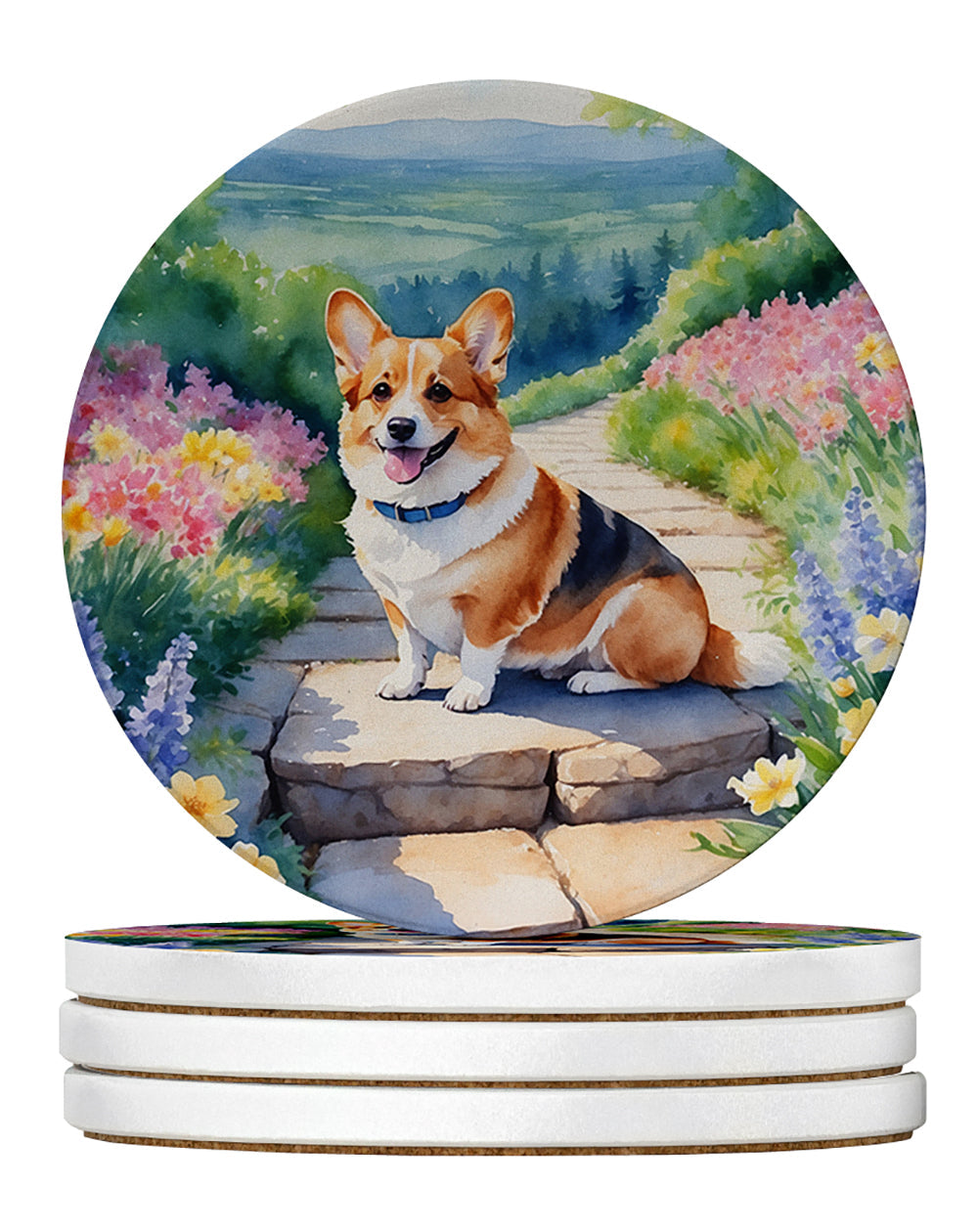 Corgi Spring Path Large Sandstone Coasters Pack of 4 Absorbent Round Coasters Decor Gifts for Men or Women, 4 in, Multicolor
