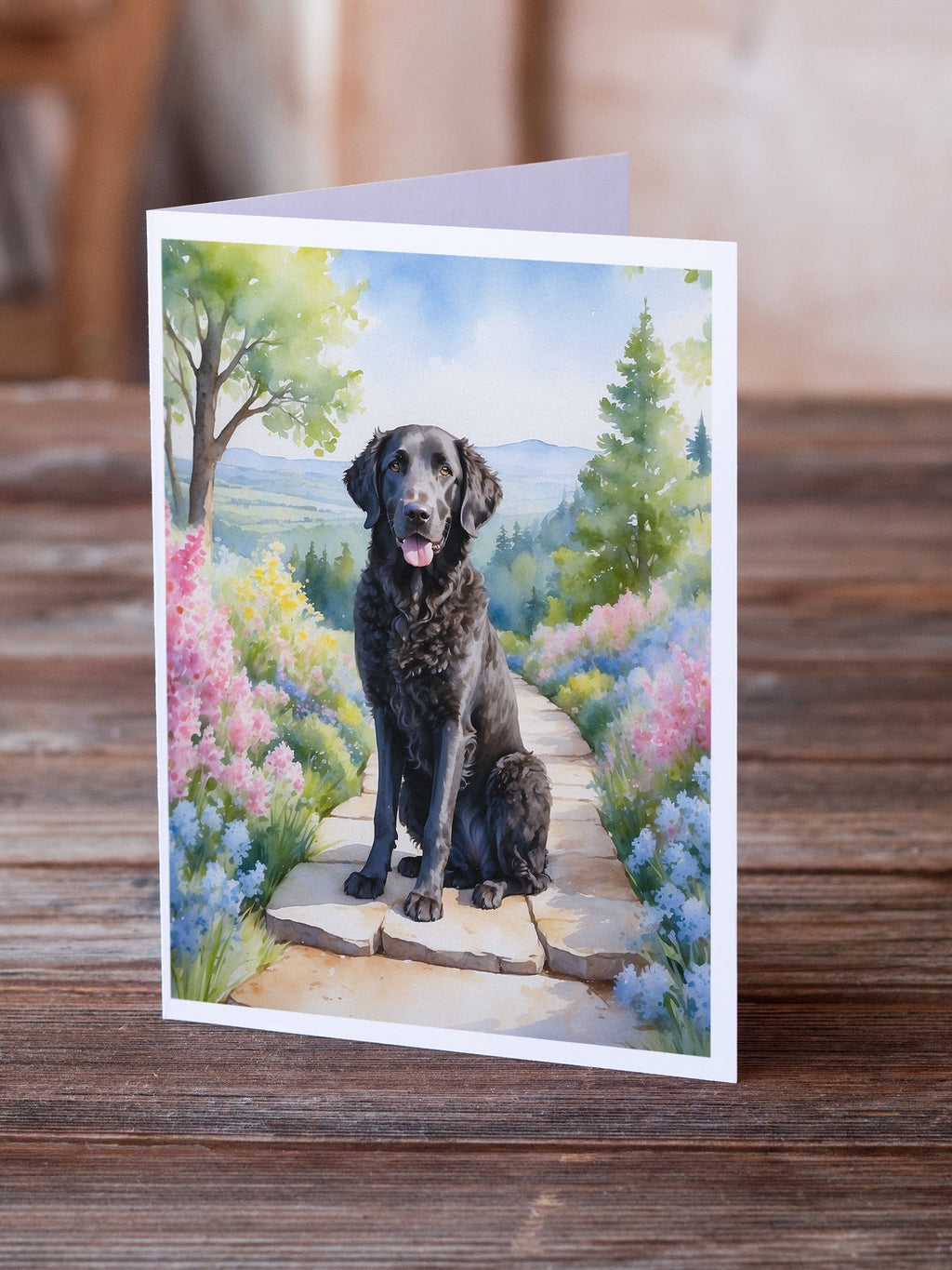 Curly-Coated Retriever Spring Path Greeting Cards Pack of 8 Blank Cards with Envelopes Whimsical A7 Size 5x7