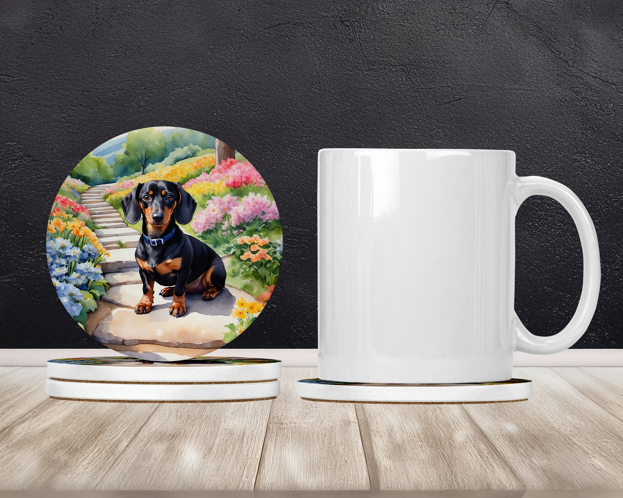 Dachshund Spring Path Large Sandstone Coasters Pack of 4 Absorbent Round Coasters Decor Gifts for Men or Women, 4 in, Multicolor