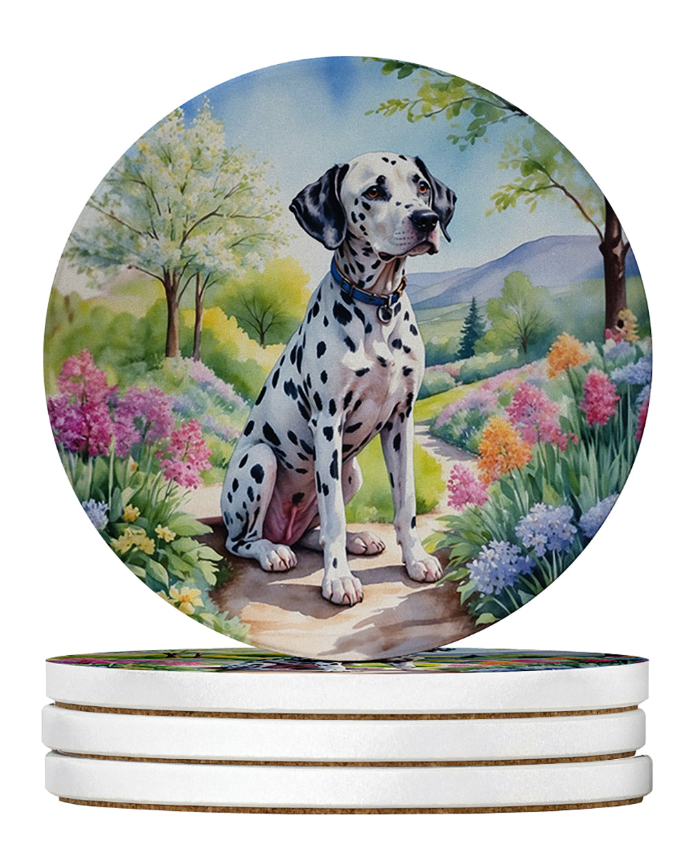 Dalmatian Spring Path Large Sandstone Coasters Pack of 4 Absorbent Round Coasters Decor Gifts for Men or Women, 4 in, Multicolor