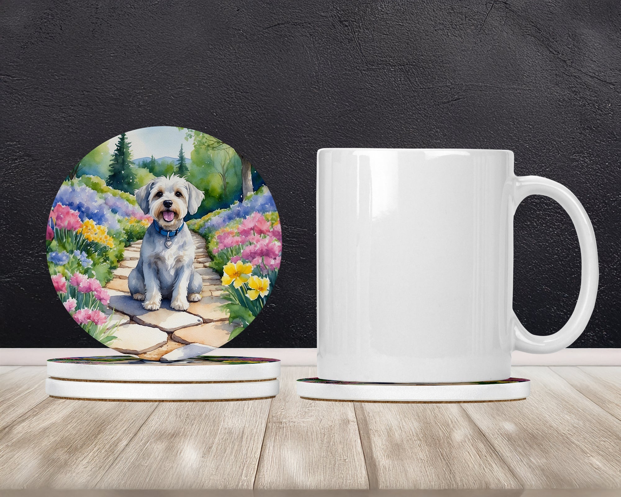 Dandie Dinmont Terrier Spring Path Large Sandstone Coasters Pack of 4 Absorbent Round Coasters Decor Gifts for Men or Women, 4 in, Multicolor