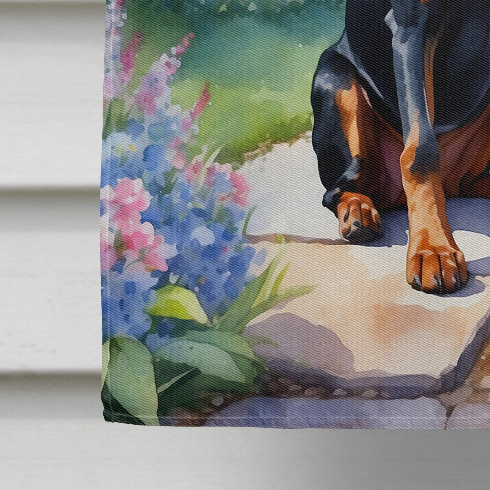 Doberman Pinscher Spring Path House Flag 28x40 Porch Sleeve Pole Decorative Outside Yard Banner Artwork Wall Hanging, Polyester