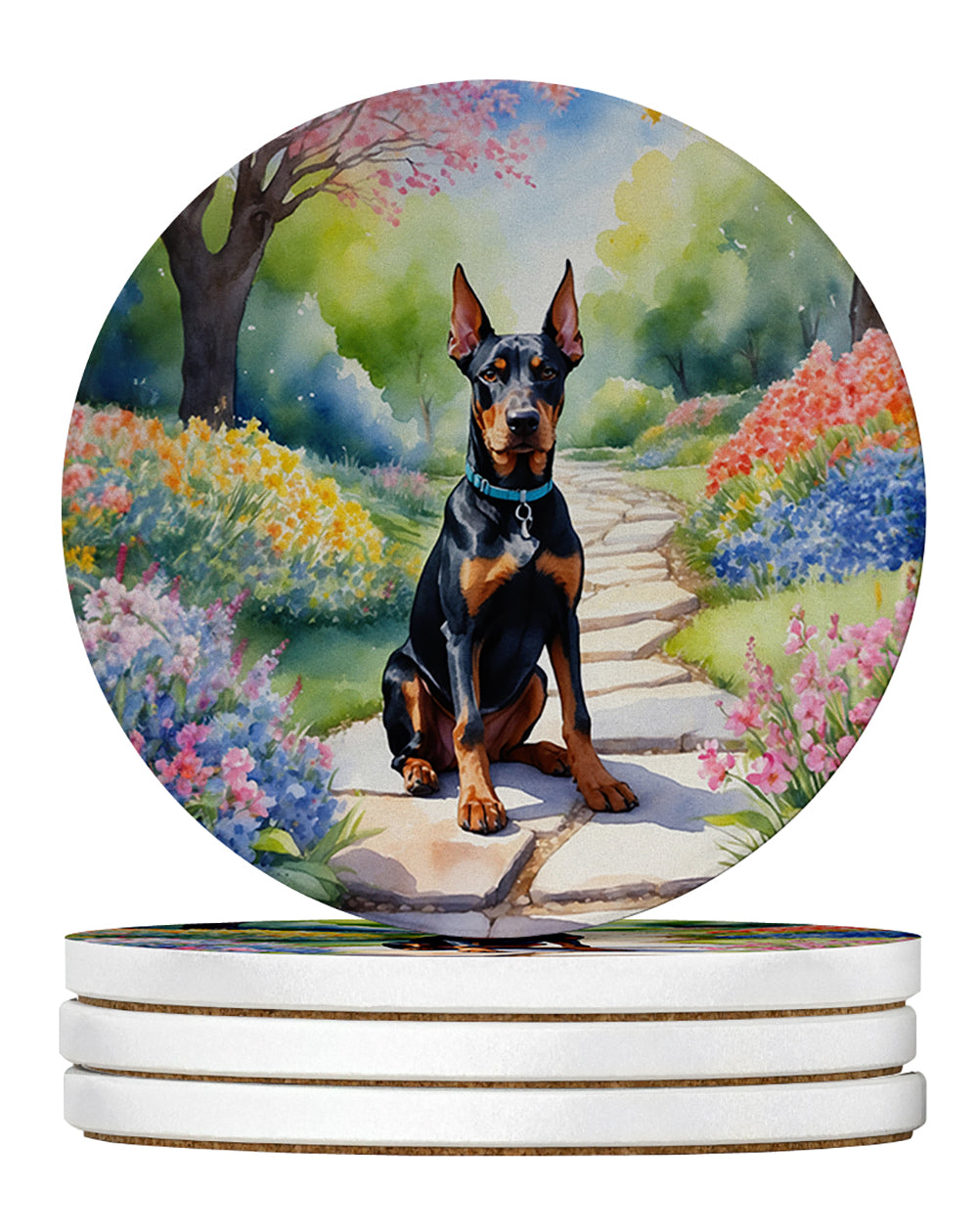 Doberman Pinscher Spring Path Large Sandstone Coasters Pack of 4 Absorbent Round Coasters Decor Gifts for Men or Women, 4 in, Multicolor