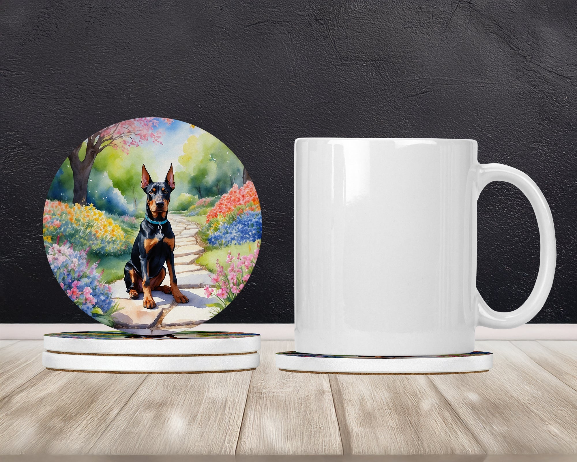 Doberman Pinscher Spring Path Large Sandstone Coasters Pack of 4 Absorbent Round Coasters Decor Gifts for Men or Women, 4 in, Multicolor