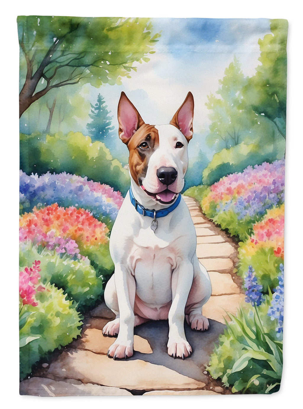 English Bull Terrier Spring Path House Flag 28x40 Porch Sleeve Pole Decorative Outside Yard Banner Artwork Wall Hanging, Polyester