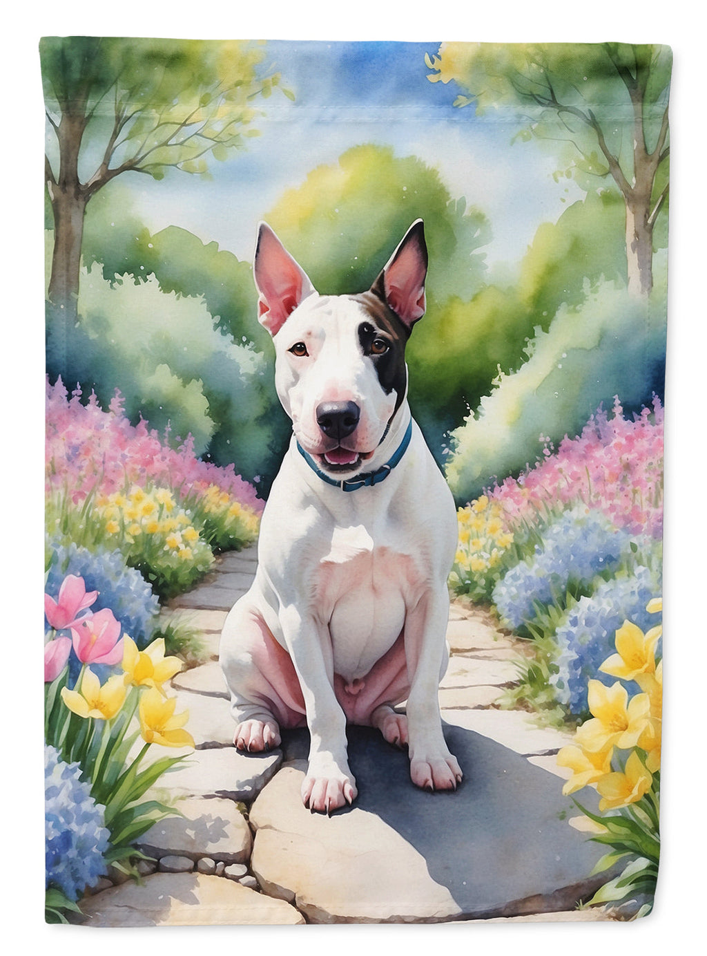 English Bull Terrier Spring Path House Flag 28x40 Porch Sleeve Pole Decorative Outside Yard Banner Artwork Wall Hanging, Polyester