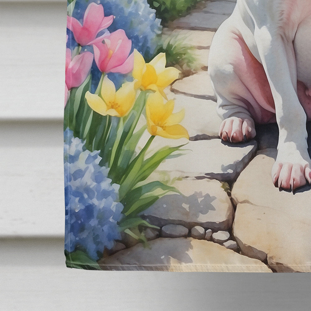English Bull Terrier Spring Path House Flag 28x40 Porch Sleeve Pole Decorative Outside Yard Banner Artwork Wall Hanging, Polyester