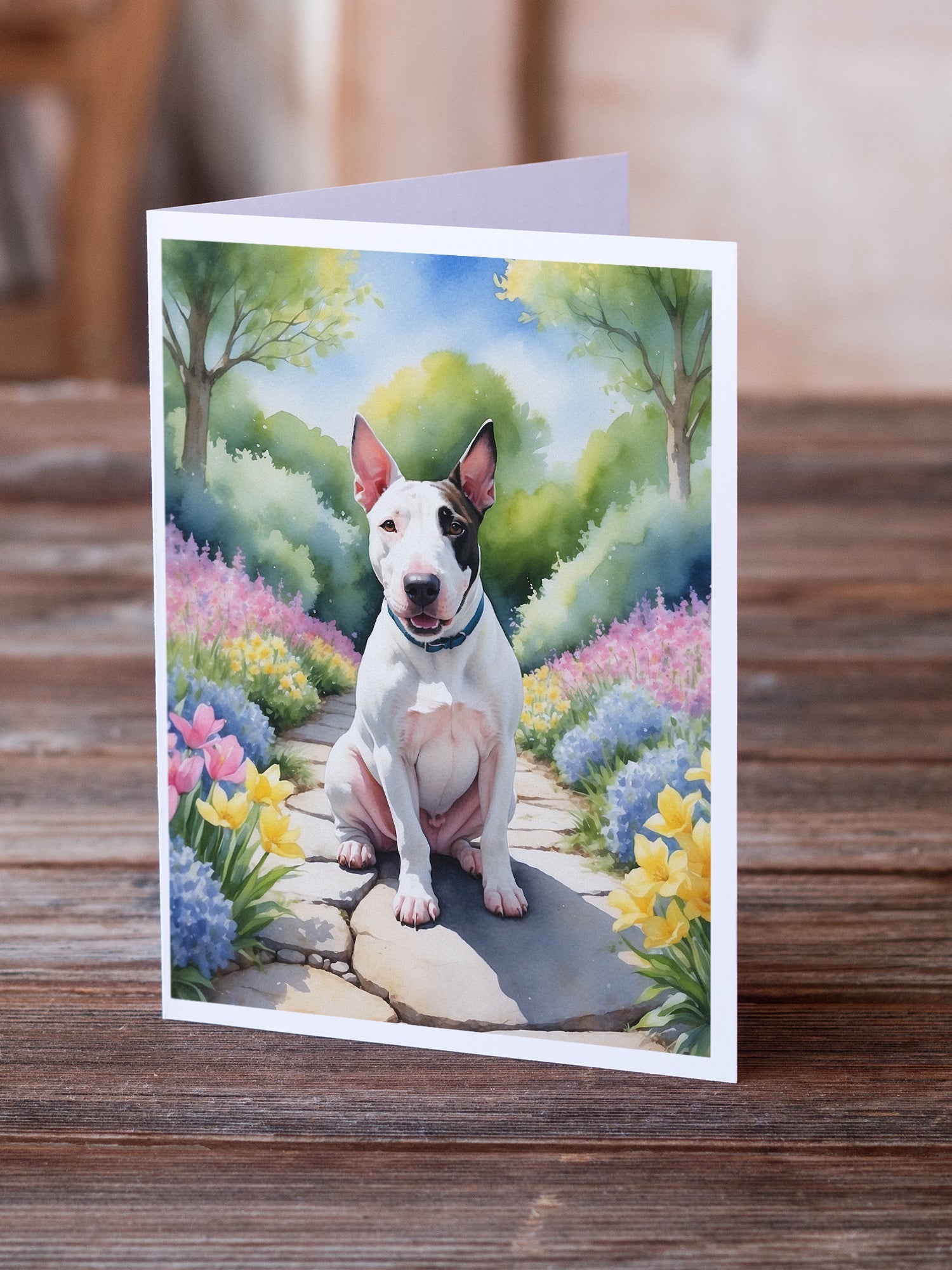 English Bull Terrier Spring Path Greeting Cards Pack of 8 Blank Cards with Envelopes Whimsical A7 Size 5x7