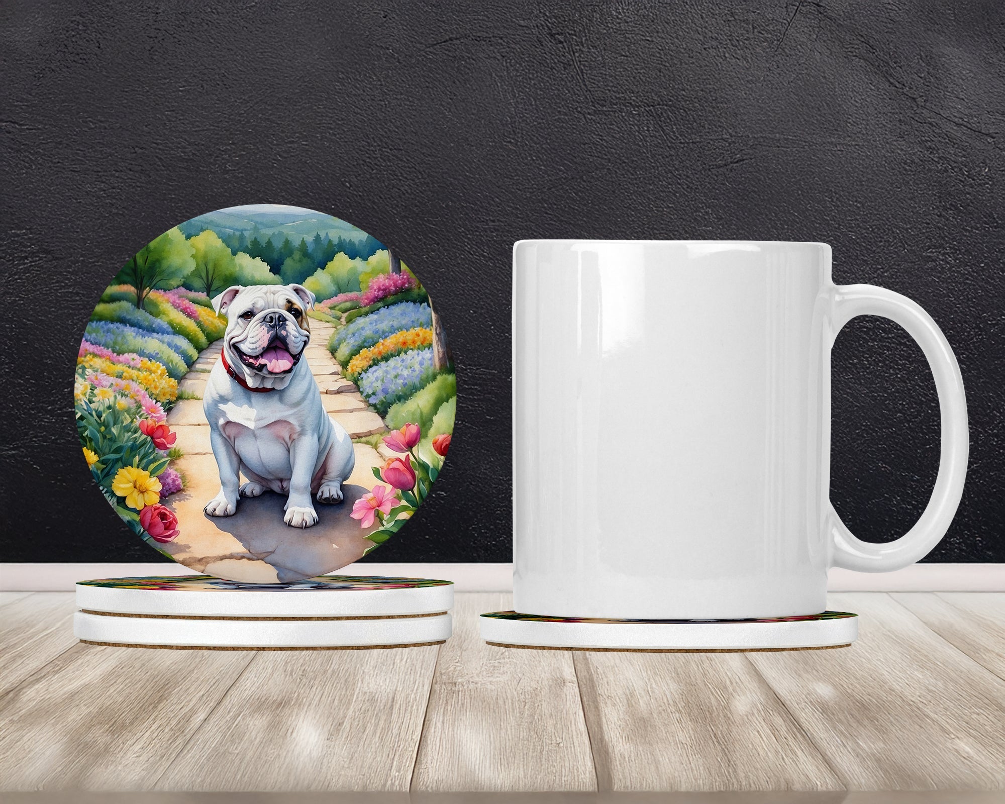 English Bulldog Spring Path Large Sandstone Coasters Pack of 4 Absorbent Round Coasters Decor Gifts for Men or Women, 4 in, Multicolor