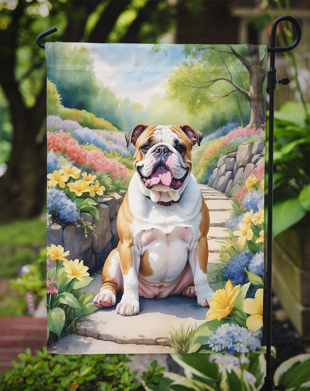 English Bulldog Spring Path Garden Flag Mailbox Decorative Yard Banner Outside Patio Artwork for Flower Beds, Garden Size, Multicolor