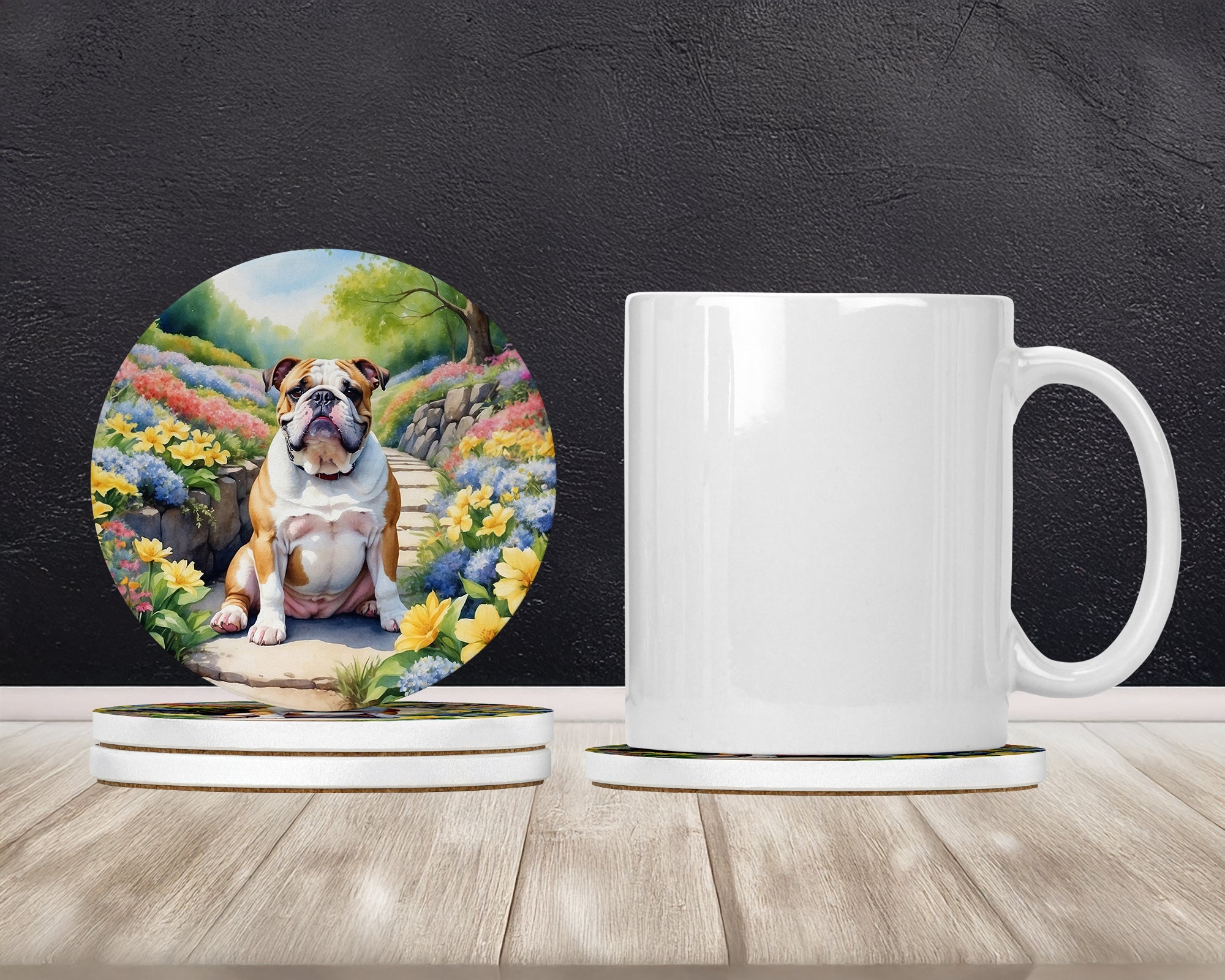 English Bulldog Spring Path Large Sandstone Coasters Pack of 4 Absorbent Round Coasters Decor Gifts for Men or Women, 4 in, Multicolor
