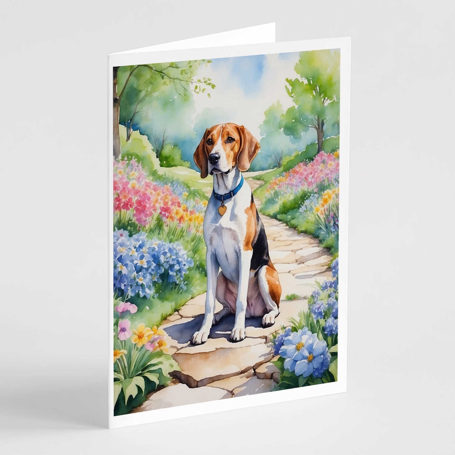 English Foxhound Spring Path Greeting Cards Pack of 8 Blank Cards with Envelopes Whimsical A7 Size 5x7