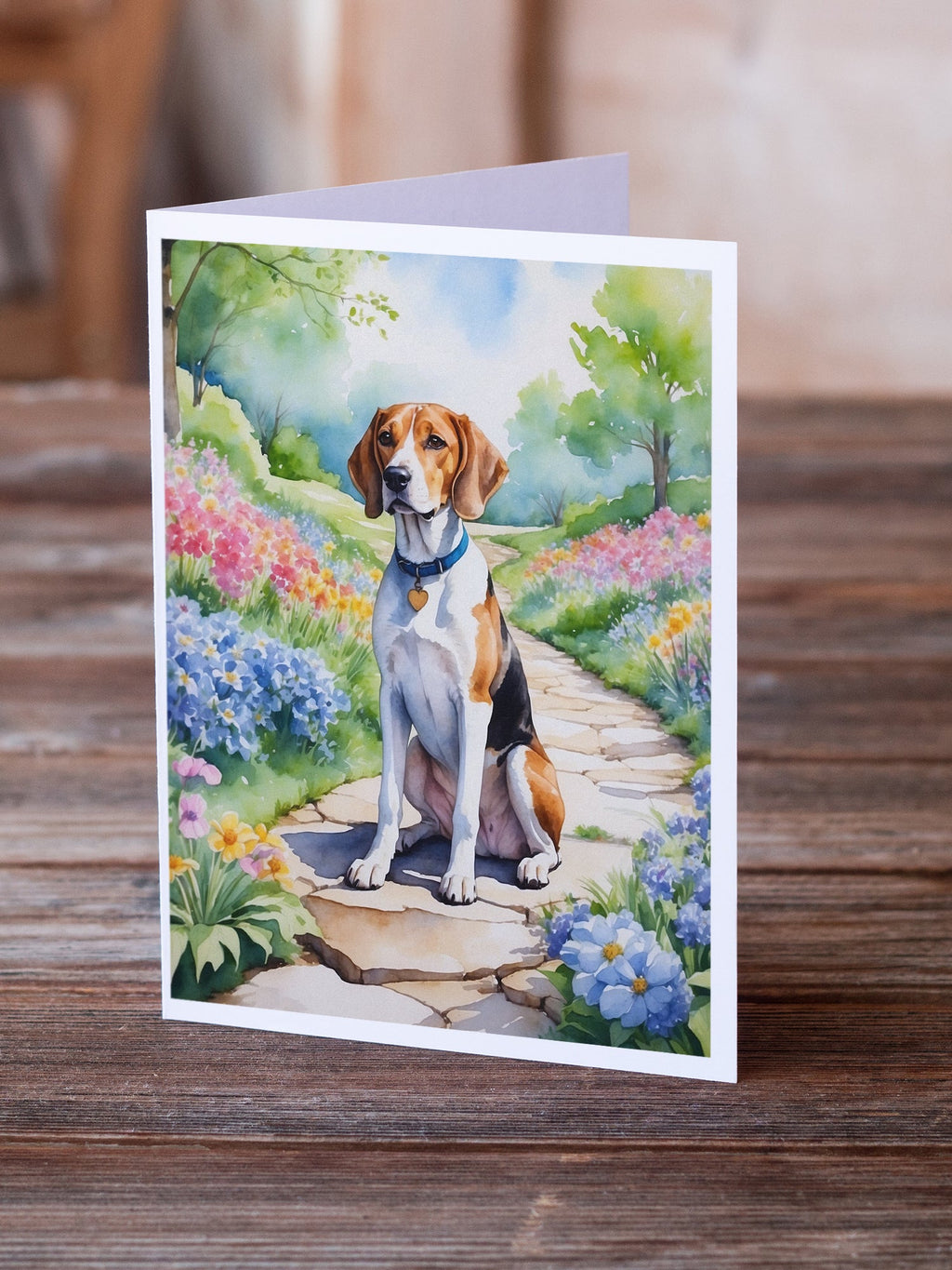 English Foxhound Spring Path Greeting Cards Pack of 8 Blank Cards with Envelopes Whimsical A7 Size 5x7