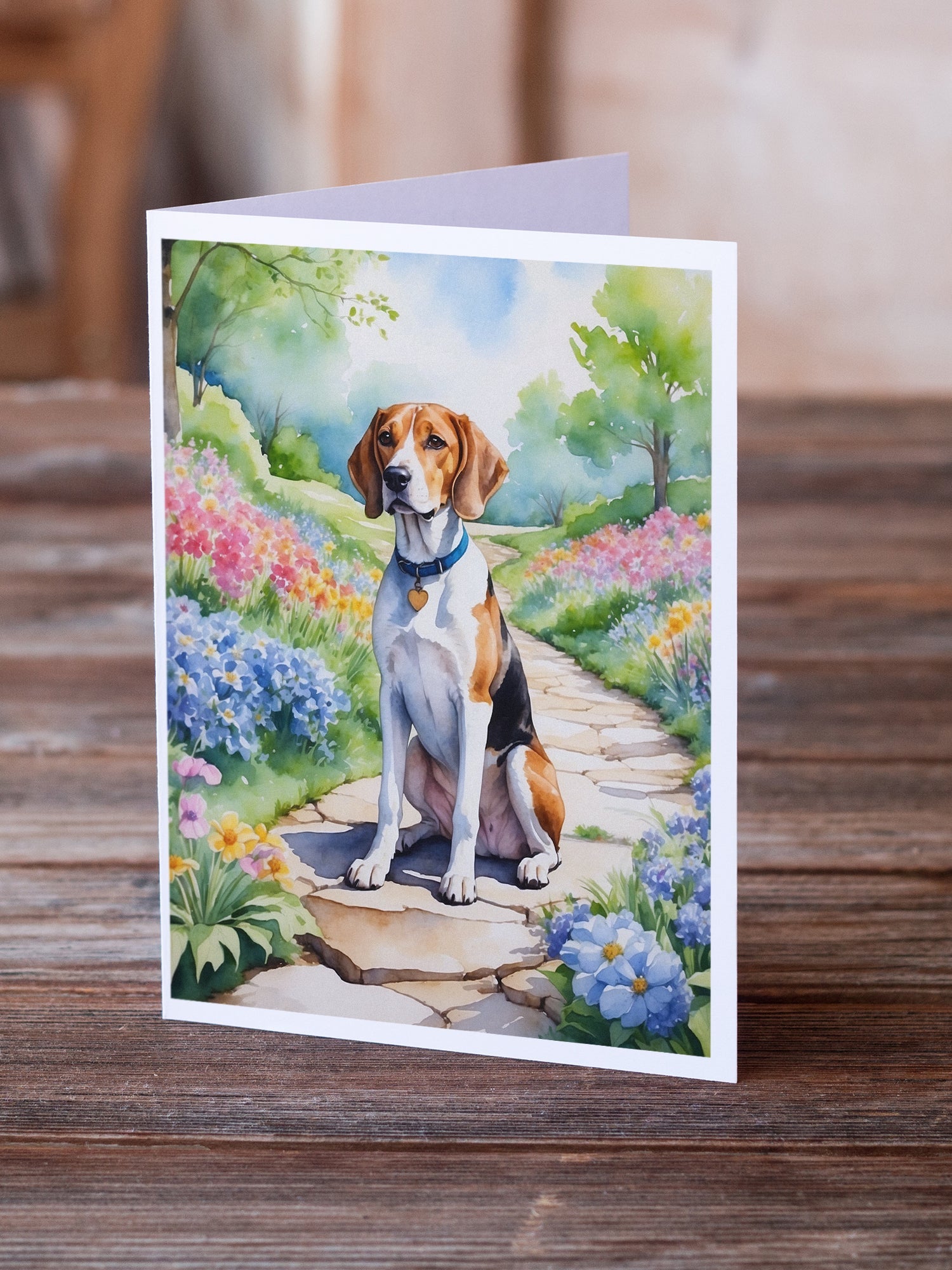 English Foxhound Spring Path Greeting Cards Pack of 8 Blank Cards with Envelopes Whimsical A7 Size 5x7