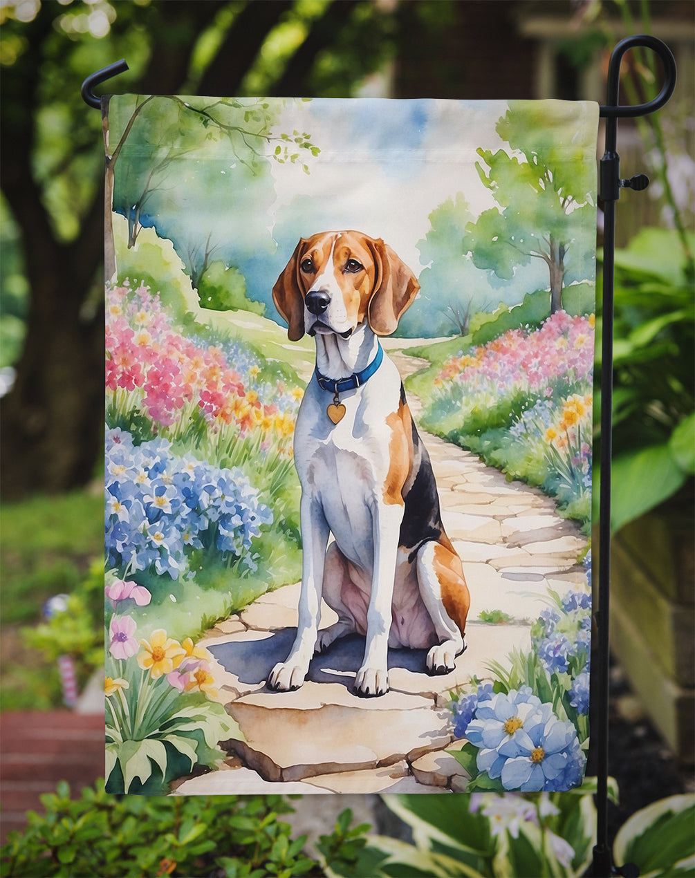 English Foxhound Spring Path Garden Flag Mailbox Decorative Yard Banner Outside Patio Artwork for Flower Beds, Garden Size, Multicolor