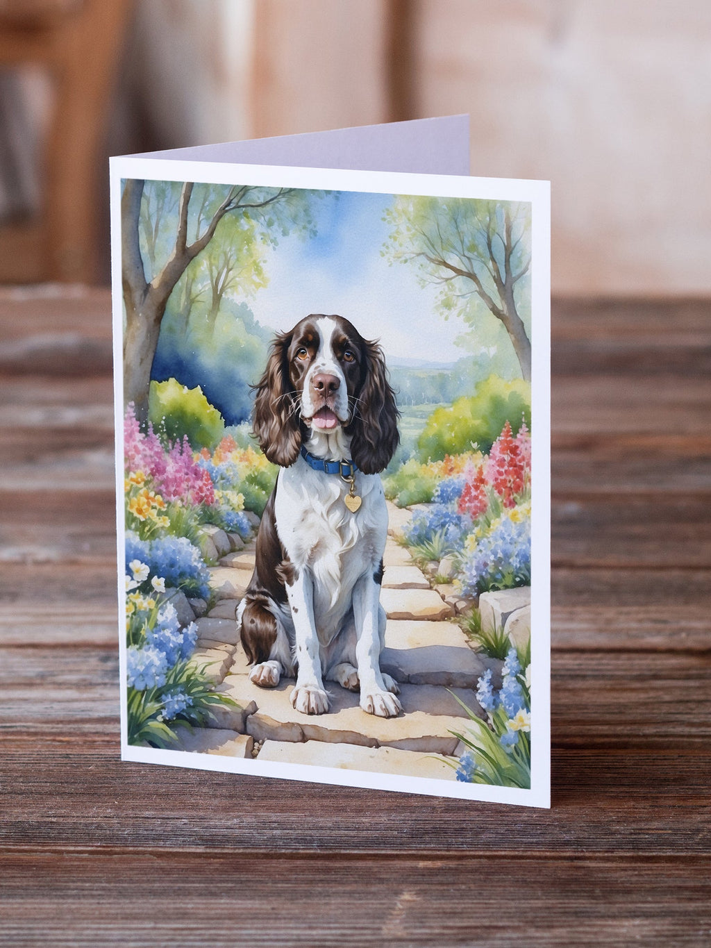 English Springer Spaniel Spring Path Greeting Cards Pack of 8 Blank Cards with Envelopes Whimsical A7 Size 5x7