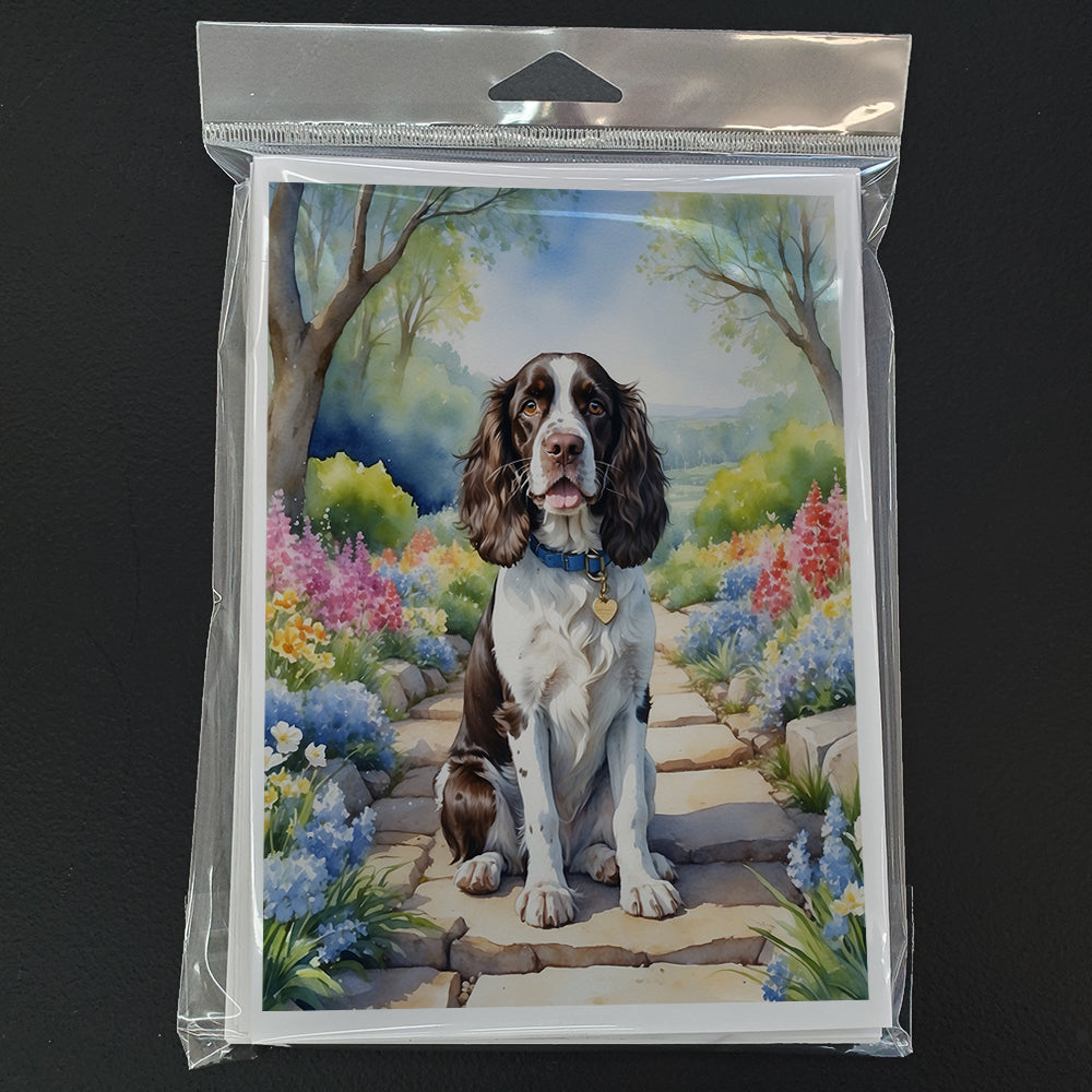 English Springer Spaniel Spring Path Greeting Cards Pack of 8 Blank Cards with Envelopes Whimsical A7 Size 5x7