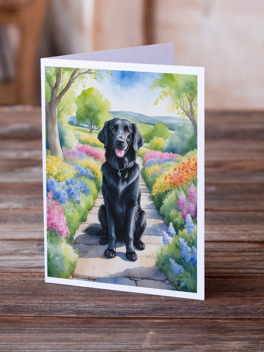 Flat-Coated Retriever Spring Path Greeting Cards Pack of 8 Blank Cards with Envelopes Whimsical A7 Size 5x7