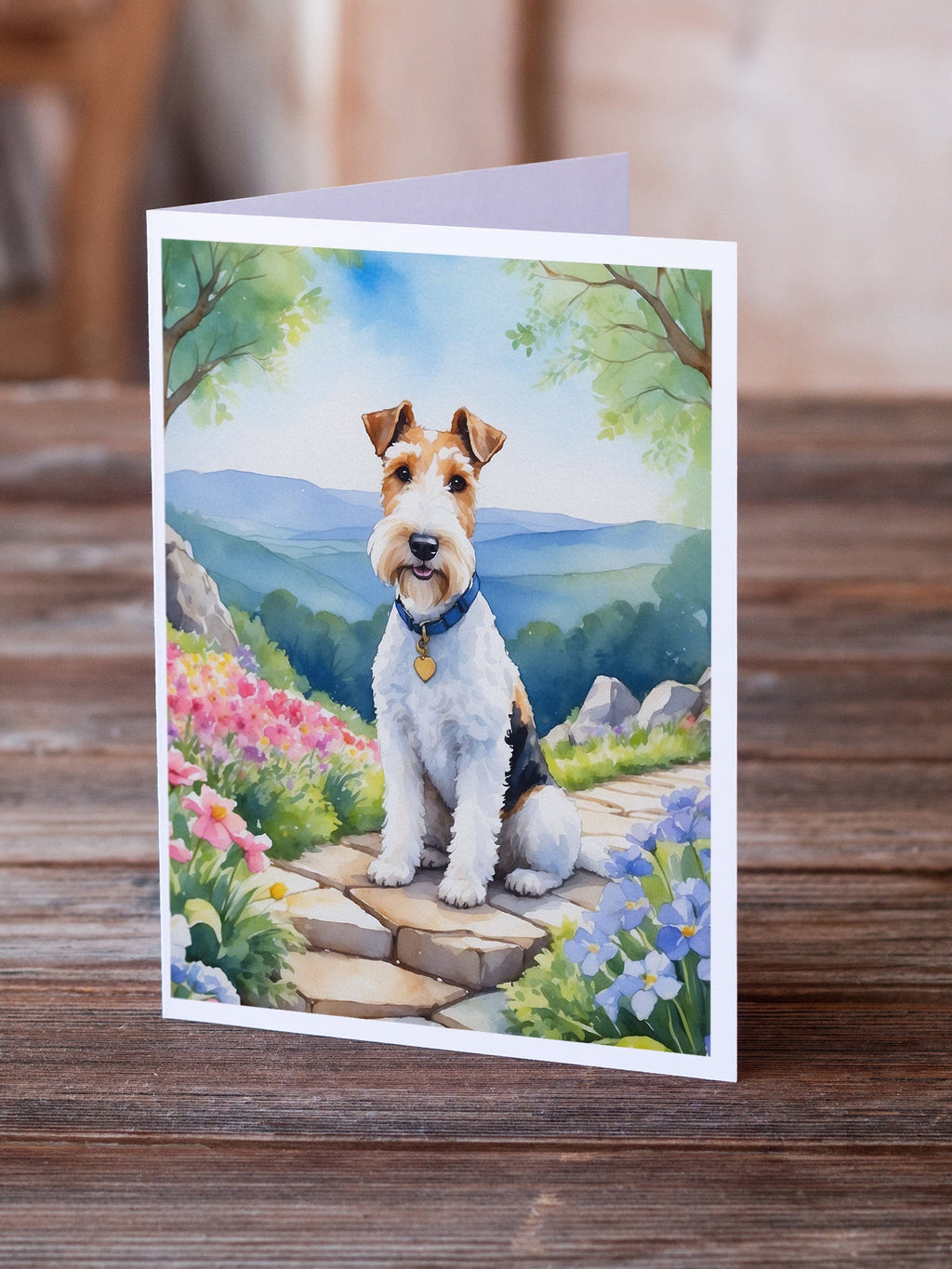 Fox Terrier Spring Path Greeting Cards Pack of 8 Blank Cards with Envelopes Whimsical A7 Size 5x7