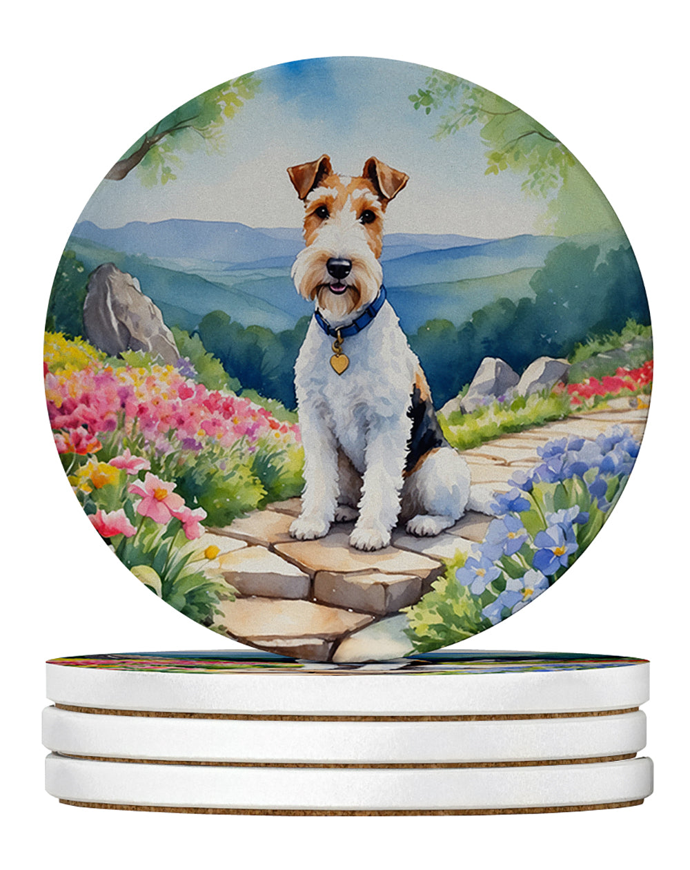 Fox Terrier Spring Path Large Sandstone Coasters Pack of 4 Absorbent Round Coasters Decor Gifts for Men or Women, 4 in, Multicolor