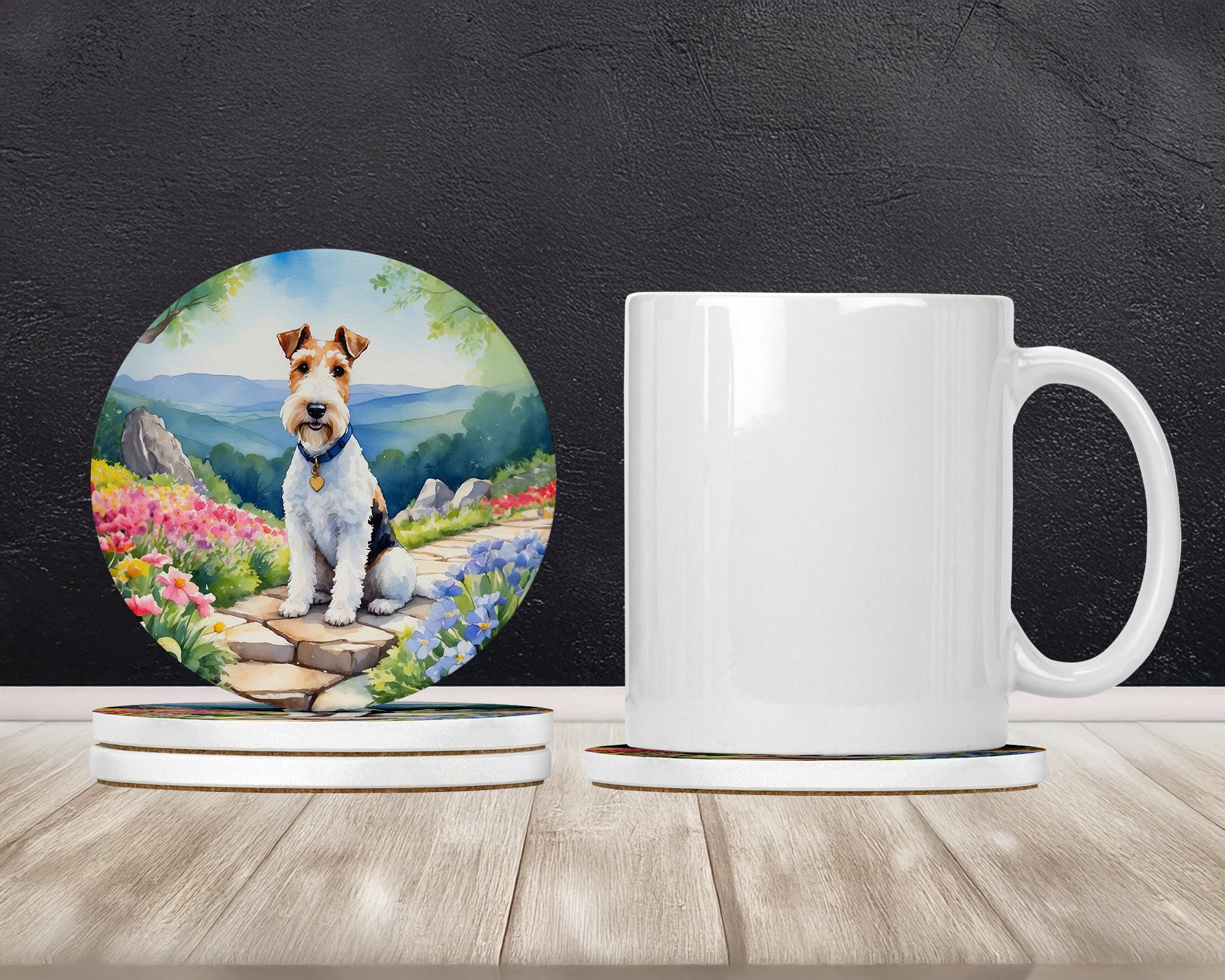 Fox Terrier Spring Path Large Sandstone Coasters Pack of 4 Absorbent Round Coasters Decor Gifts for Men or Women, 4 in, Multicolor