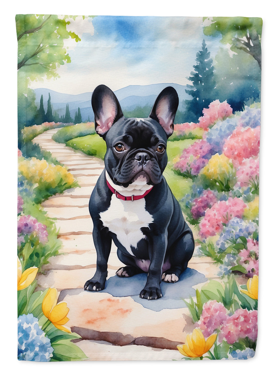 French Bulldog Spring Path House Flag 28x40 Porch Sleeve Pole Decorative Outside Yard Banner Artwork Wall Hanging, Polyester