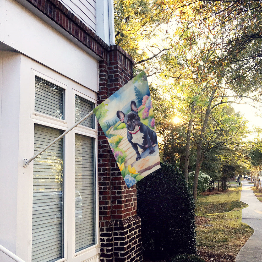 French Bulldog Spring Path House Flag 28x40 Porch Sleeve Pole Decorative Outside Yard Banner Artwork Wall Hanging, Polyester