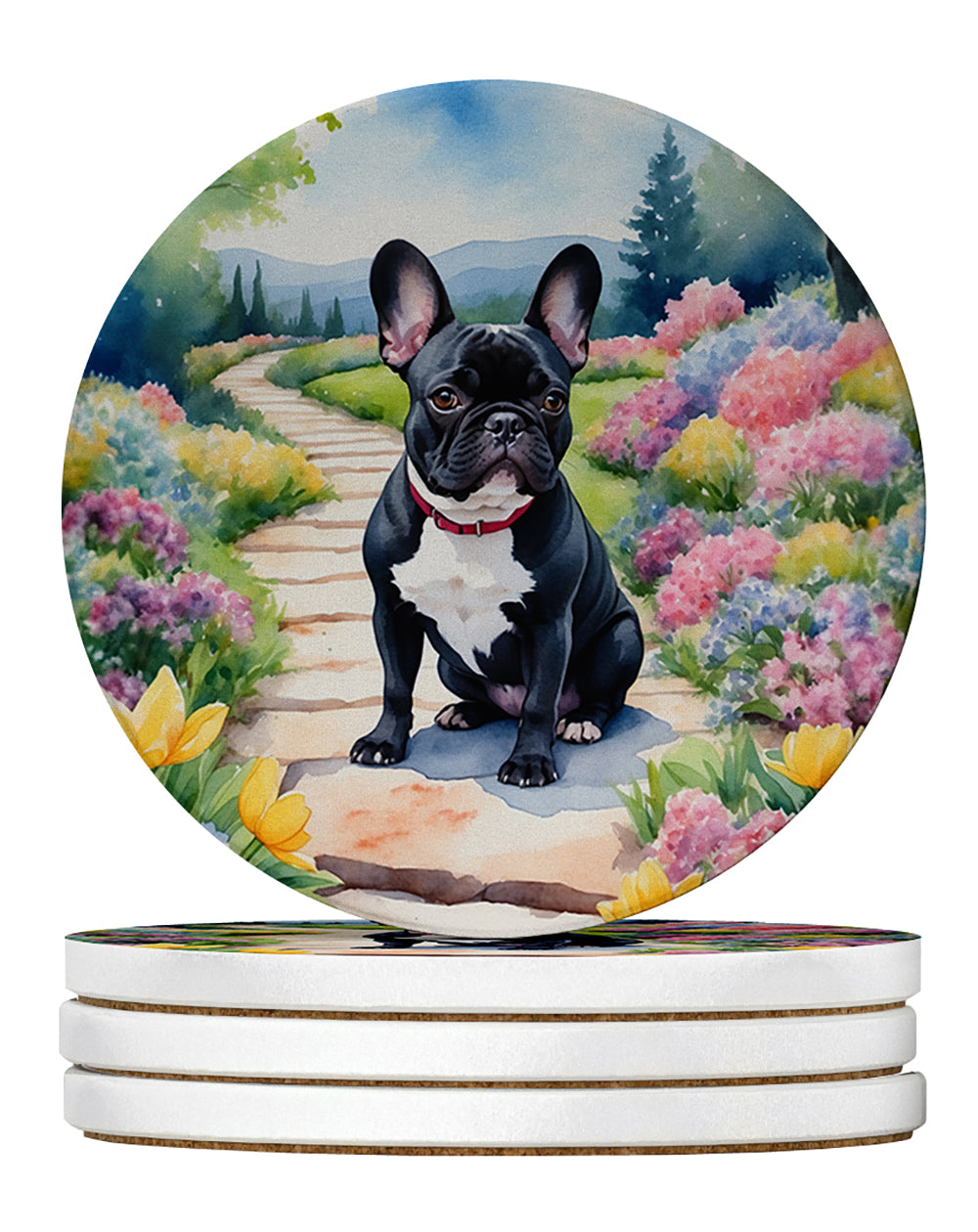 French Bulldog Spring Path Large Sandstone Coasters Pack of 4 Absorbent Round Coasters Decor Gifts for Men or Women, 4 in, Multicolor