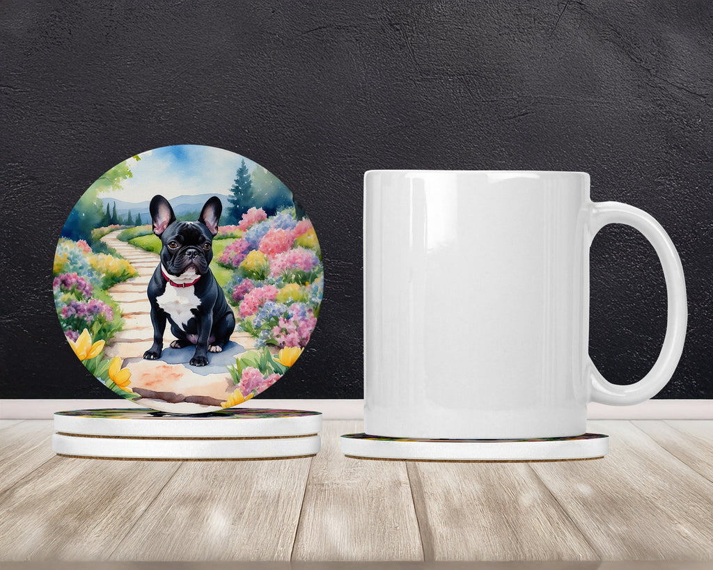 French Bulldog Spring Path Large Sandstone Coasters Pack of 4 Absorbent Round Coasters Decor Gifts for Men or Women, 4 in, Multicolor