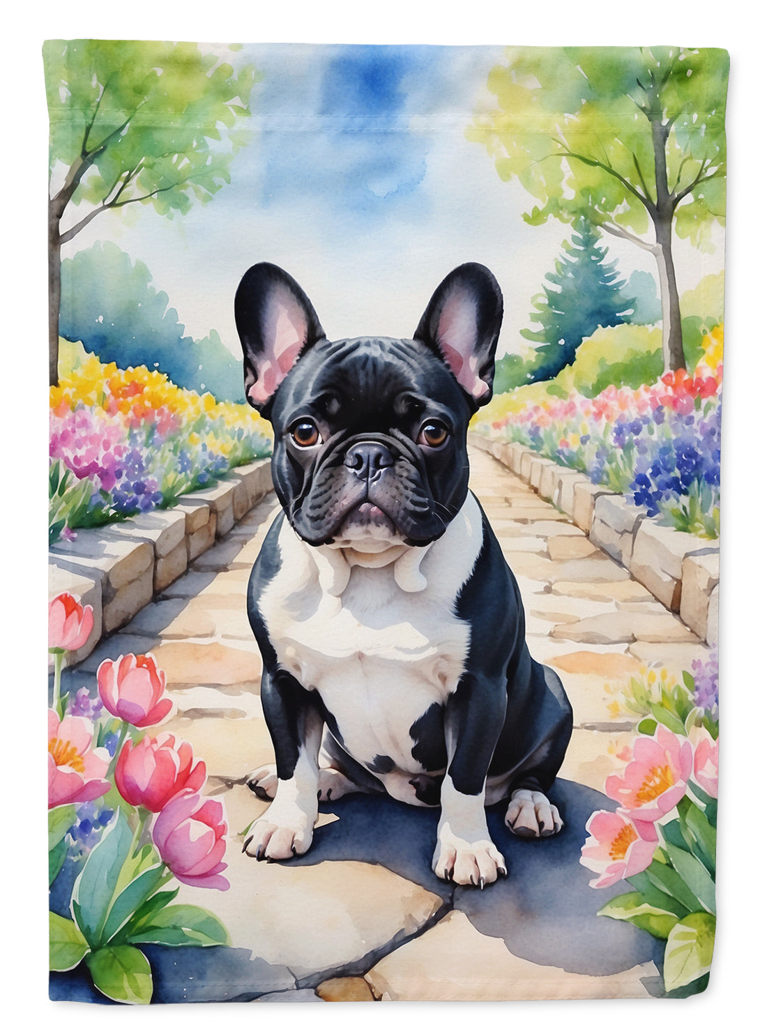 French Bulldog Spring Path House Flag 28x40 Porch Sleeve Pole Decorative Outside Yard Banner Artwork Wall Hanging, Polyester