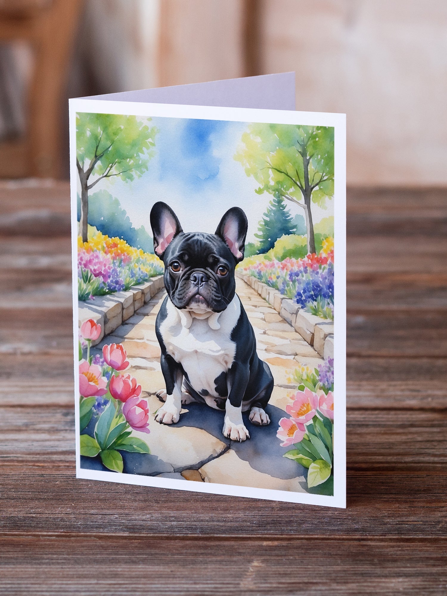 French Bulldog Spring Path Greeting Cards Pack of 8 Blank Cards with Envelopes Whimsical A7 Size 5x7