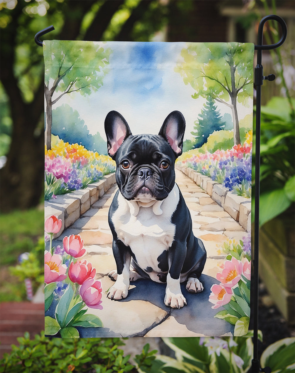 French Bulldog Spring Path Garden Flag Mailbox Decorative Yard Banner Outside Patio Artwork for Flower Beds, Garden Size, Multicolor