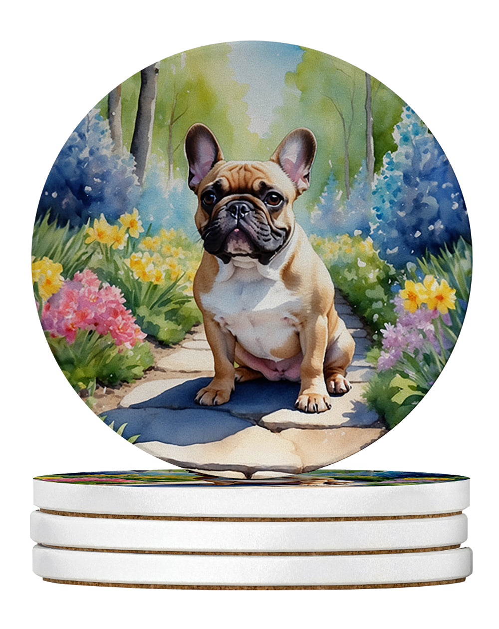 French Bulldog Spring Path Large Sandstone Coasters Pack of 4 Absorbent Round Coasters Decor Gifts for Men or Women, 4 in, Multicolor