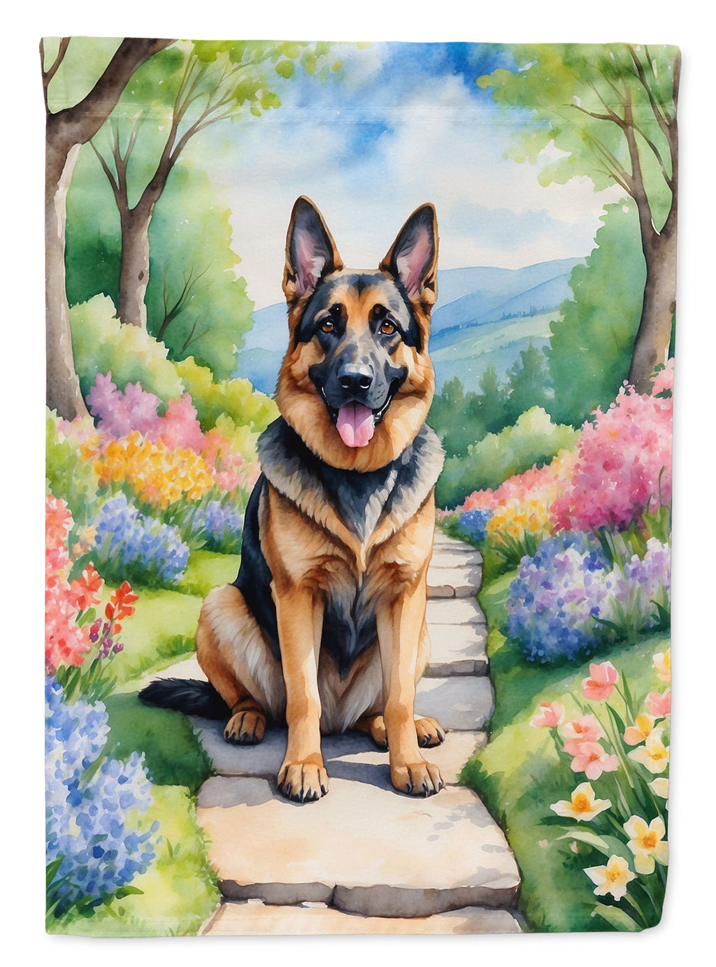 German Shepherd Spring Path House Flag 28x40 Porch Sleeve Pole Decorative Outside Yard Banner Artwork Wall Hanging, Polyester