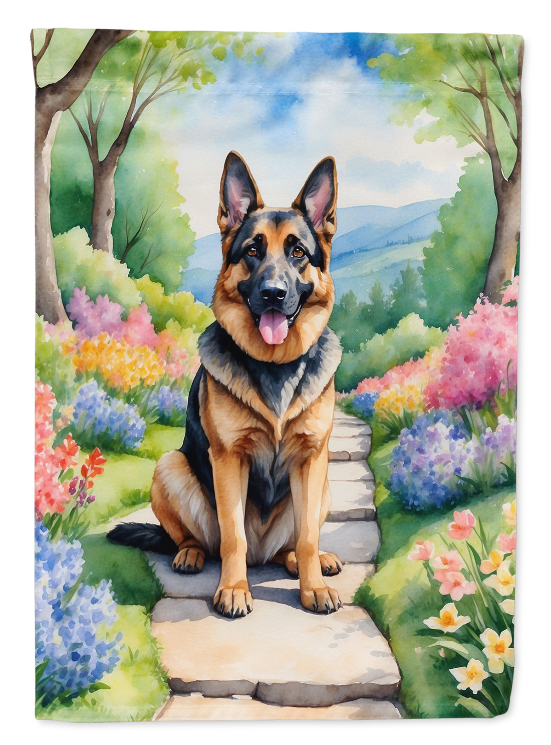 German Shepherd Spring Path House Flag 28x40 Porch Sleeve Pole Decorative Outside Yard Banner Artwork Wall Hanging, Polyester