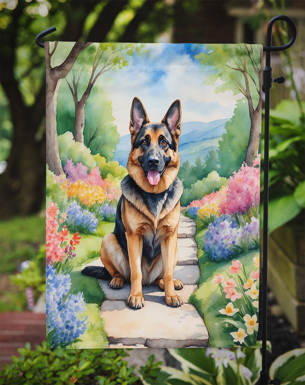 German Shepherd Spring Path Garden Flag Mailbox Decorative Yard Banner Outside Patio Artwork for Flower Beds, Garden Size, Multicolor