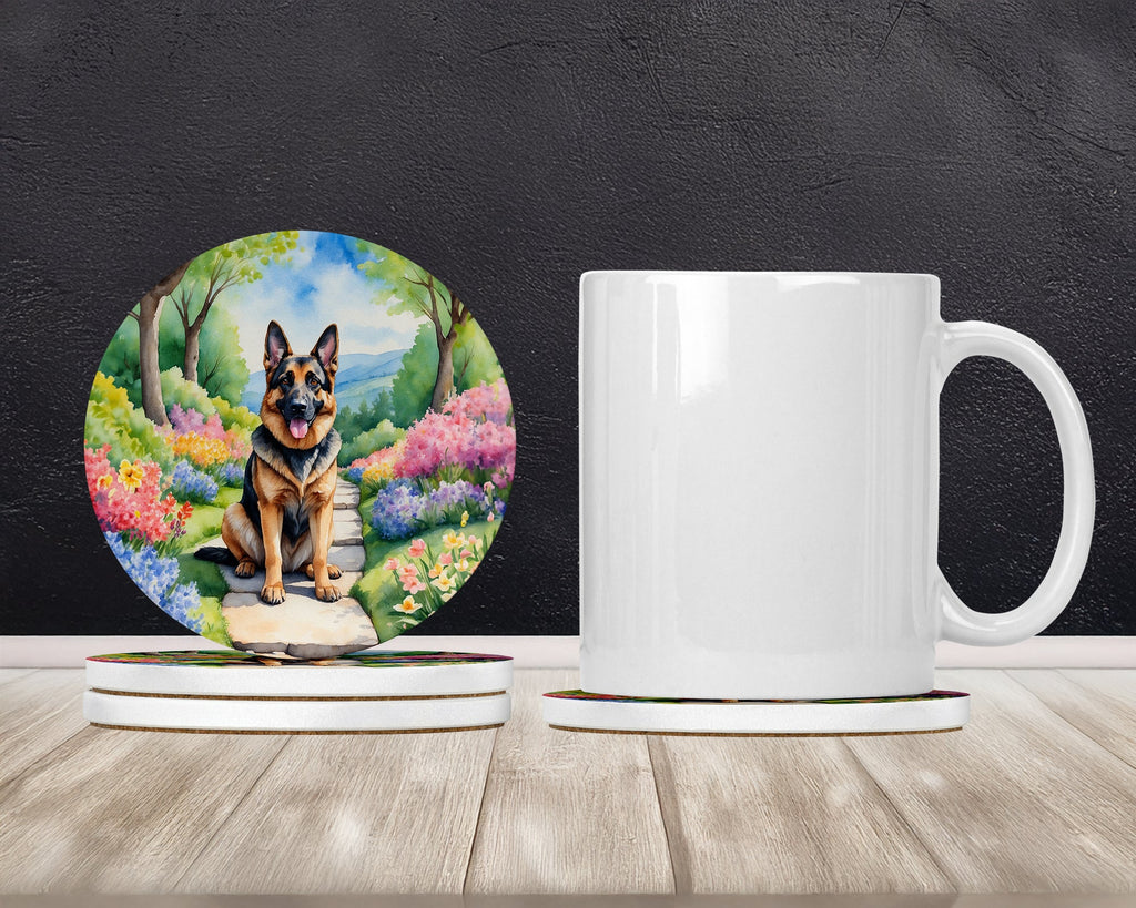 German Shepherd Spring Path Large Sandstone Coasters Pack of 4 Absorbent Round Coasters Decor Gifts for Men or Women, 4 in, Multicolor