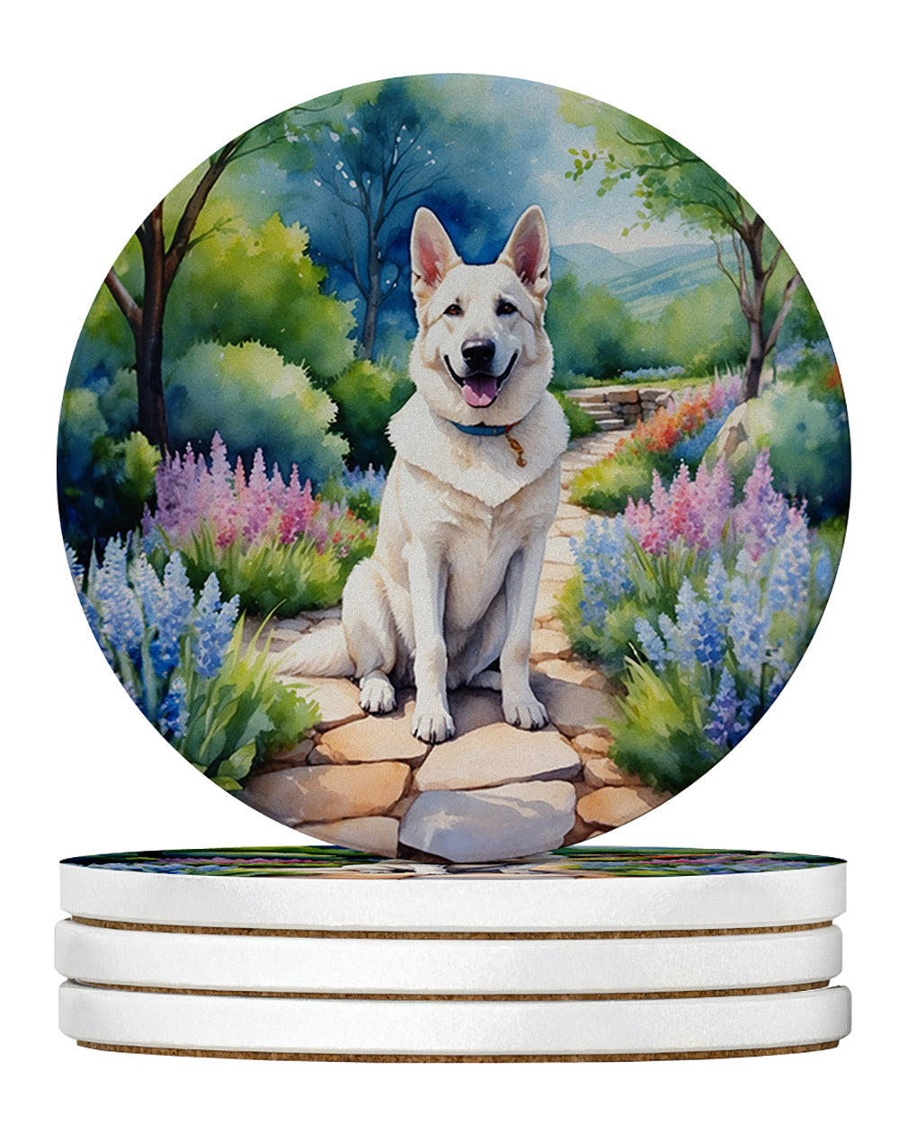 German Shepherd Spring Path Large Sandstone Coasters Pack of 4 Absorbent Round Coasters Decor Gifts for Men or Women, 4 in, Multicolor