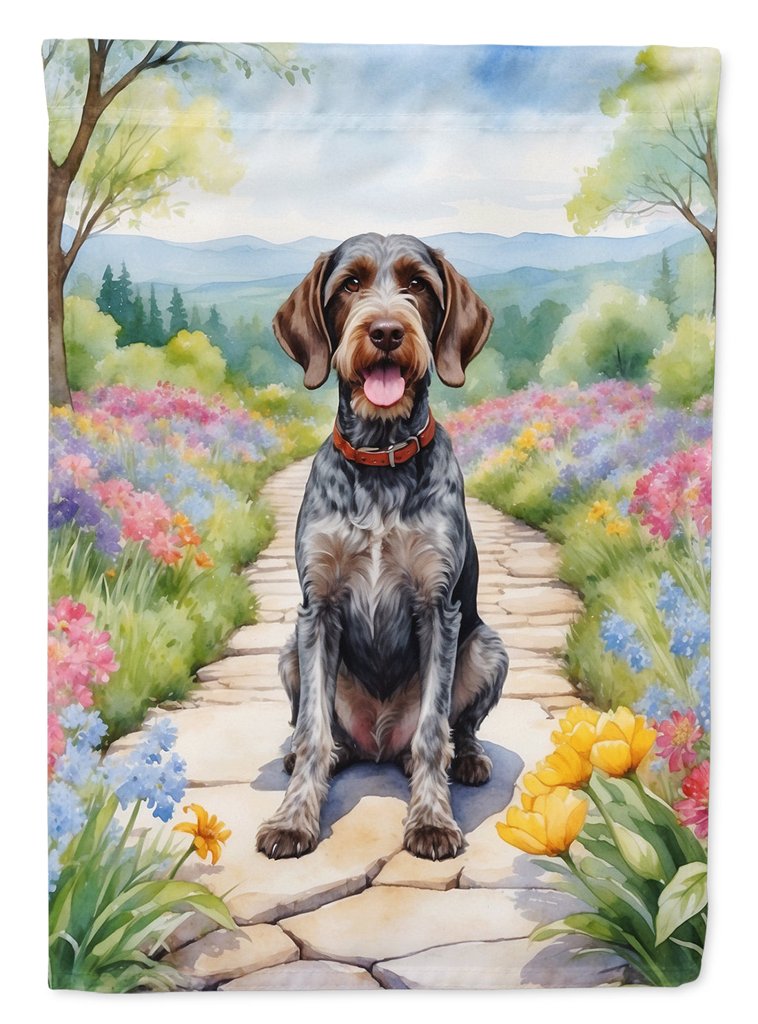 German Wirehaired Pointer Spring Path House Flag 28x40 Porch Sleeve Pole Decorative Outside Yard Banner Artwork Wall Hanging, Polyester