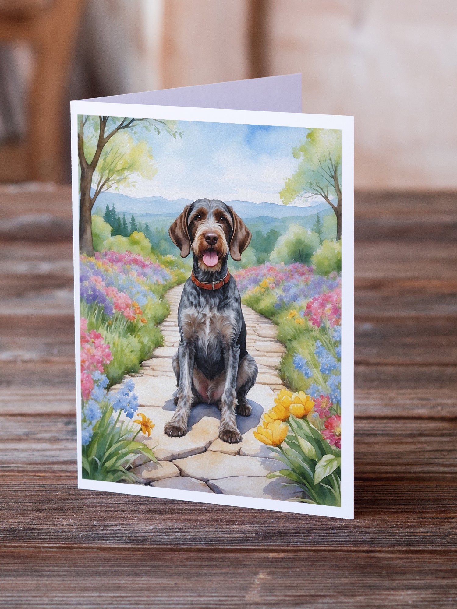 German Wirehaired Pointer Spring Path Greeting Cards Pack of 8 Blank Cards with Envelopes Whimsical A7 Size 5x7