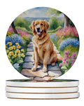 Golden Retriever Spring Path Large Sandstone Coasters Pack of 4 Absorbent Round Coasters Decor Gifts for Men or Women, 4 in, Multicolor