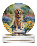 Golden Retriever Spring Path Large Sandstone Coasters Pack of 4 Absorbent Round Coasters Decor Gifts for Men or Women, 4 in, Multicolor