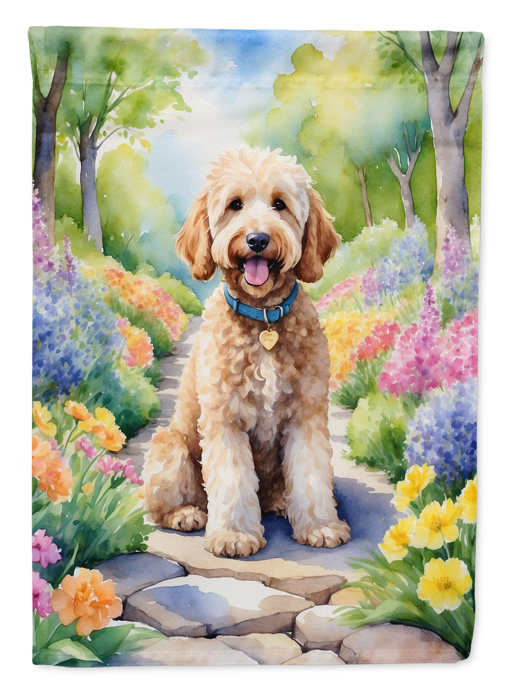 Goldendoodle Spring Path House Flag 28x40 Porch Sleeve Pole Decorative Outside Yard Banner Artwork Wall Hanging, Polyester