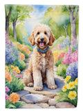 Goldendoodle Spring Path House Flag 28x40 Porch Sleeve Pole Decorative Outside Yard Banner Artwork Wall Hanging, Polyester