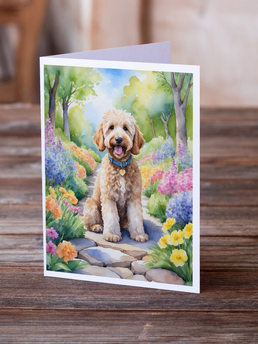 Goldendoodle Spring Path Greeting Cards Pack of 8 Blank Cards with Envelopes Whimsical A7 Size 5x7