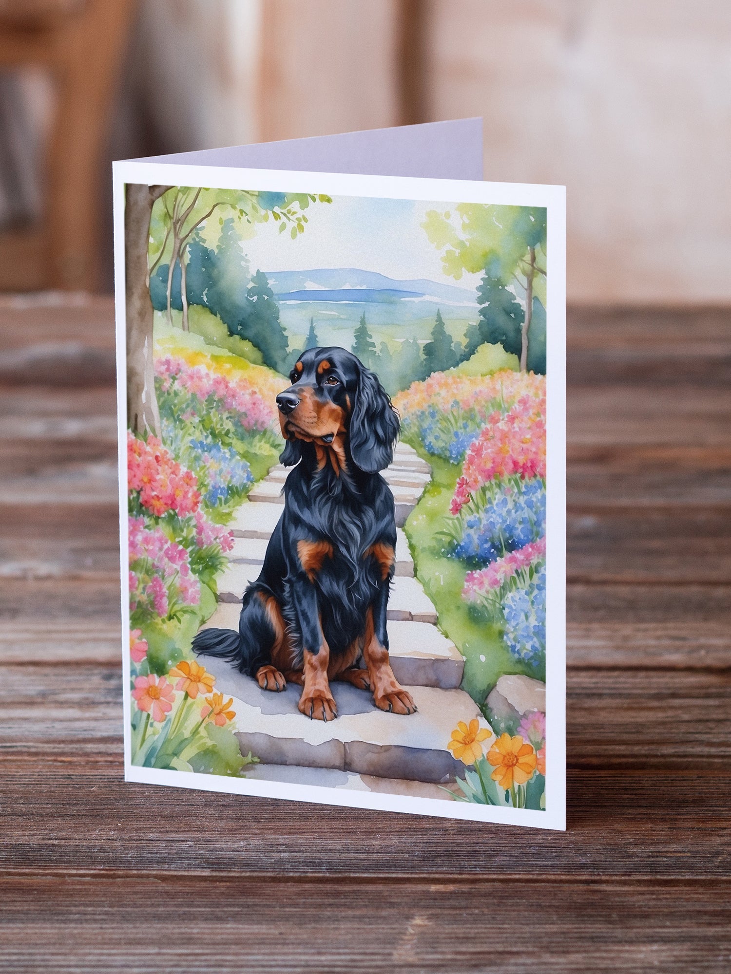 Gordon Setter Spring Path Greeting Cards Pack of 8 Blank Cards with Envelopes Whimsical A7 Size 5x7
