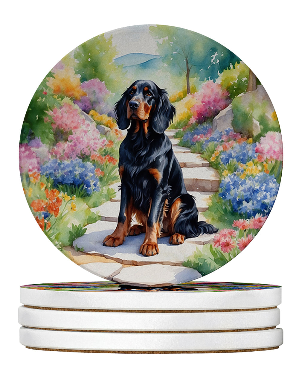 Gordon Setter Spring Path Large Sandstone Coasters Pack of 4 Absorbent Round Coasters Decor Gifts for Men or Women, 4 in, Multicolor